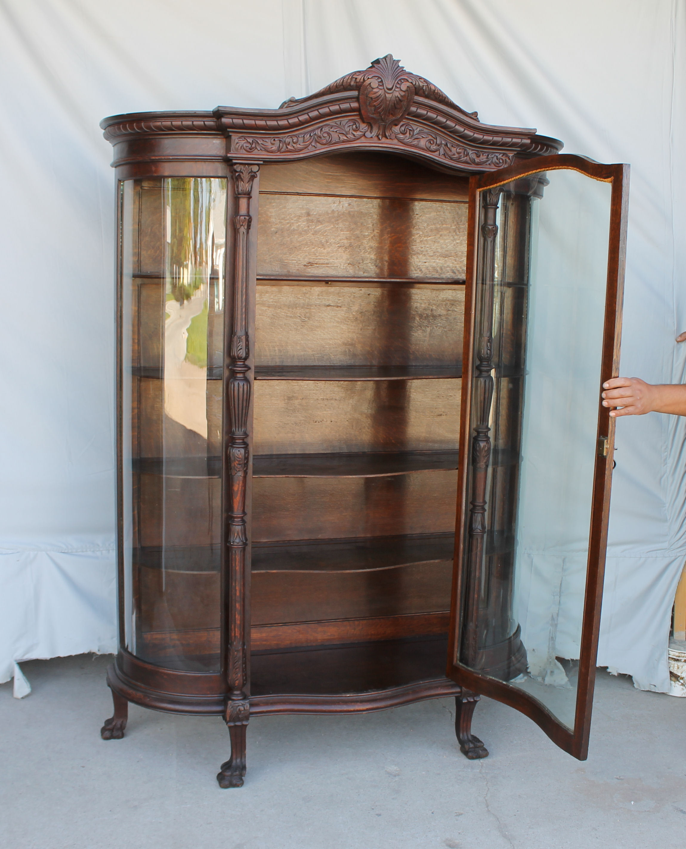 Bargain John S Antiques Antique Large Oak Curved Glass China Cabinet Original Finish