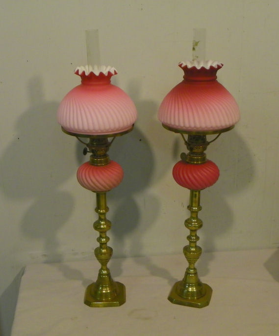 Bargain John S Antiques Match Pair Of Pink Victorian Antique Satin Glass Peg Lamps Match Pair Of Pink Victorian Antique, Vintage Pink Satin Glass Lamp