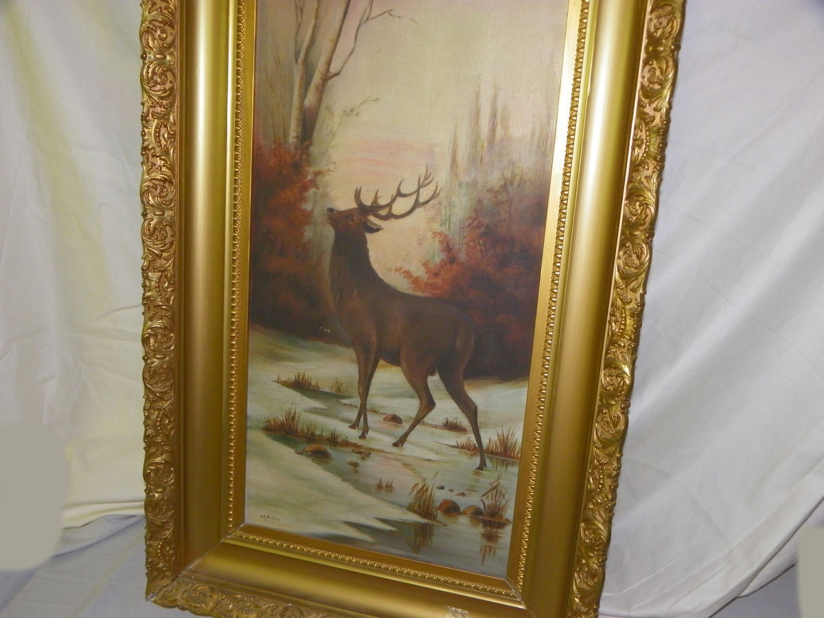 Bargain John's Antiques | Antique Oil Painting of Buck Stag Deer in