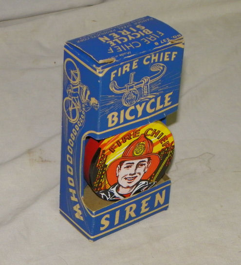 Vintage Bicycle Fire Chief Siren Toy Noise Maker Ranger Steel Tin Litho-#237B 