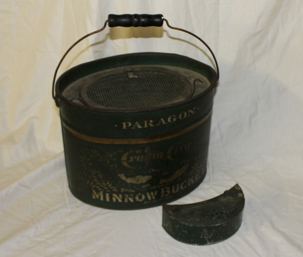 Bargain John's Antiques  Antique Tin Minnow Bucket and Belt Attached Bait  Can - Bargain John's Antiques