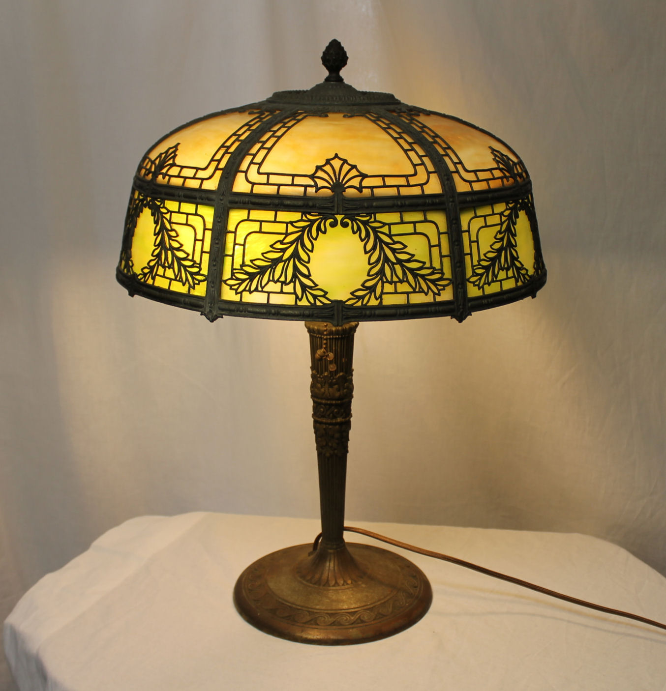 Antique Slag Glass With Metal Overlay, Antique Slag Glass Table Lamps