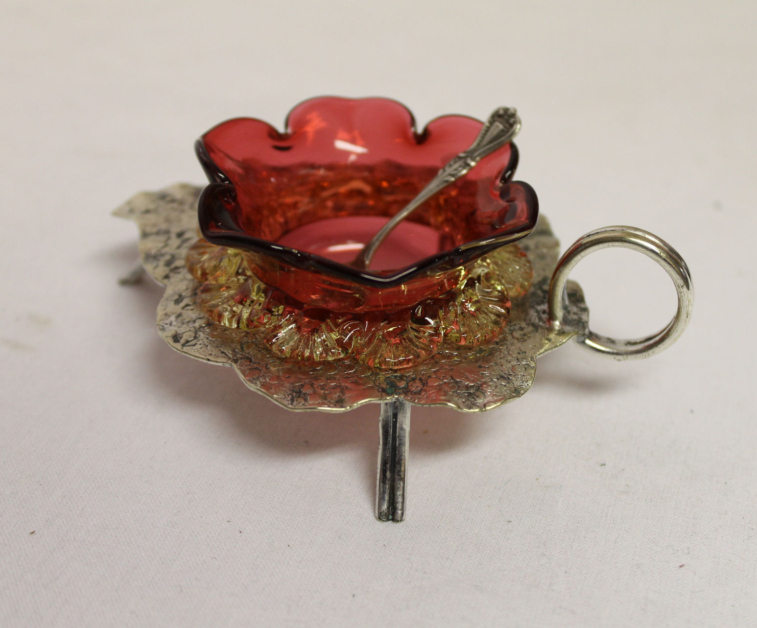 Details about   Antique Sterling Silver Overlay Cranberry Glass Open Salt w/Sterling Spoon 