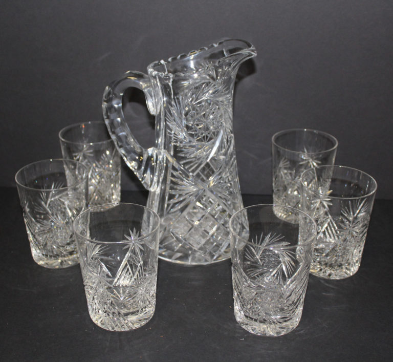 Harvest Grape Blue Carnival Glass Pitcher & Glasses Set of 7 Chairish