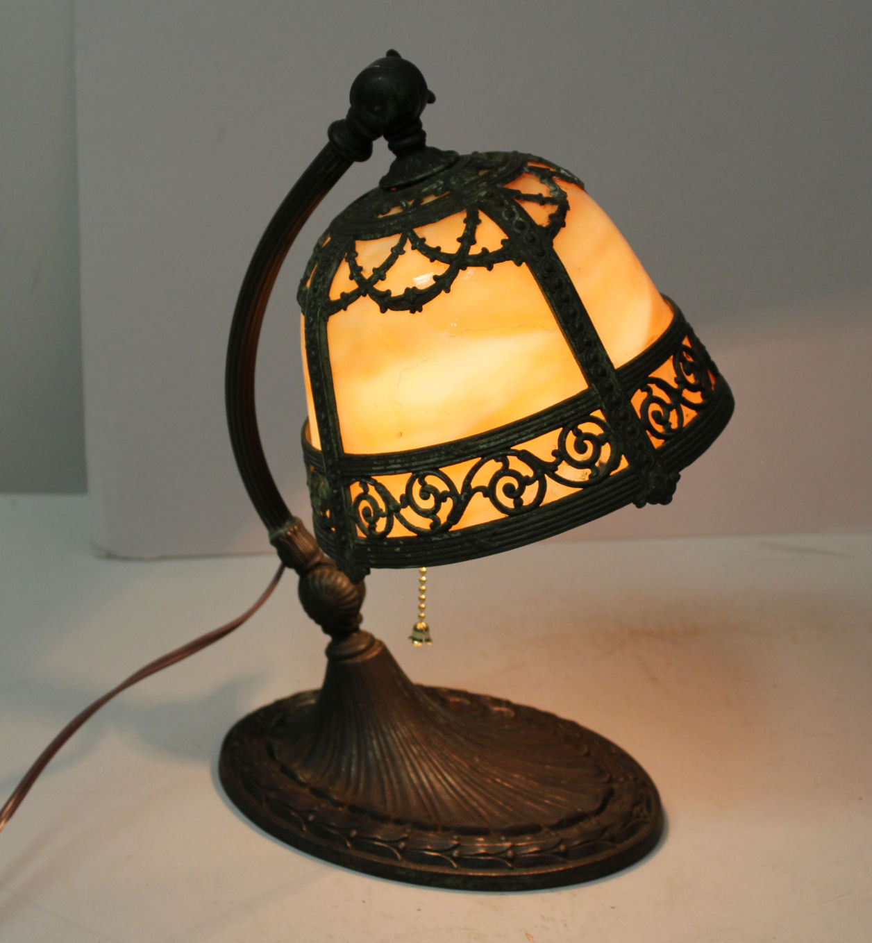 Antique Goose Neck Slag Glass Desk Lamp, Slag Glass Table Lamp