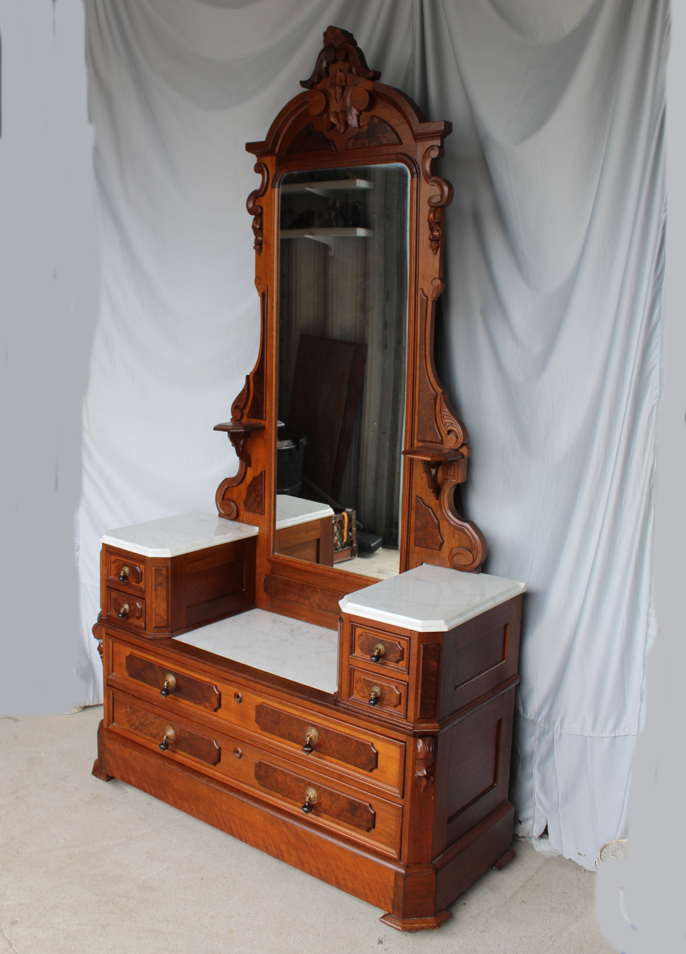 American Victorian Walnut Marble, Antique Marble Top Dresser With Mirror