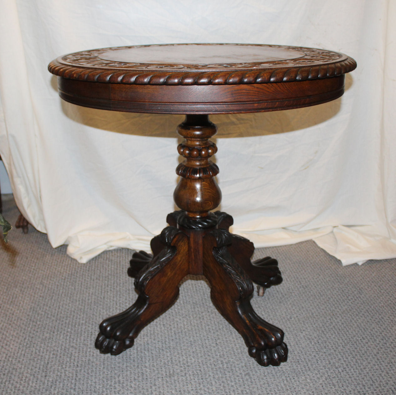 Antique Round Oak Carved Center Or Parlor Table Claw Feet
