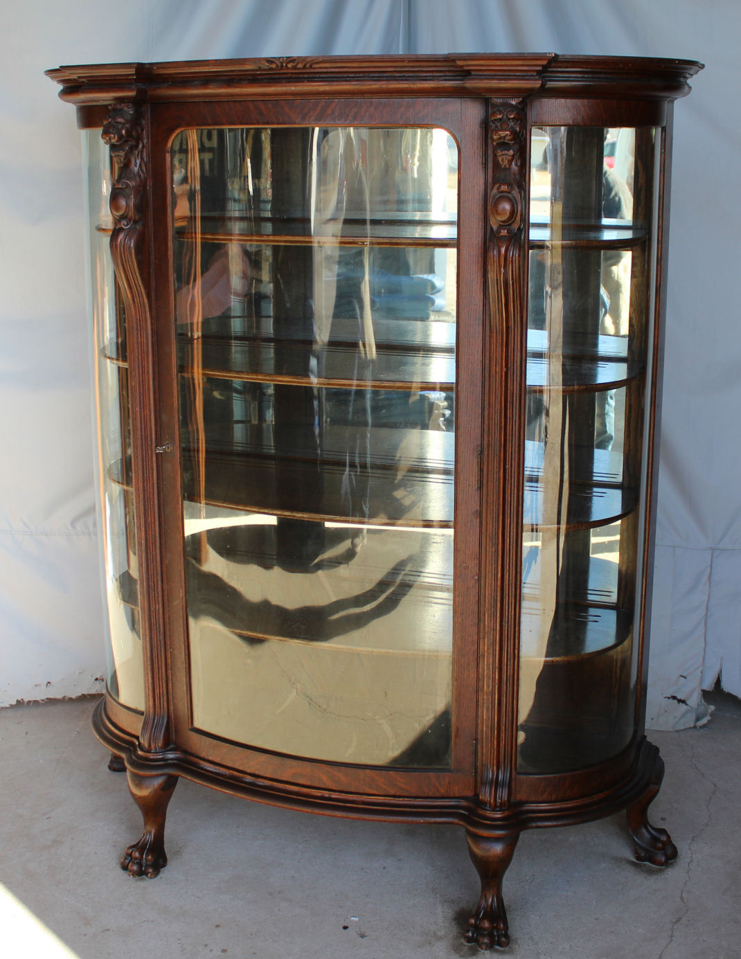Bargain John's Antiques Antique Curved Glass Oak China with Carved Lions and Claw feet