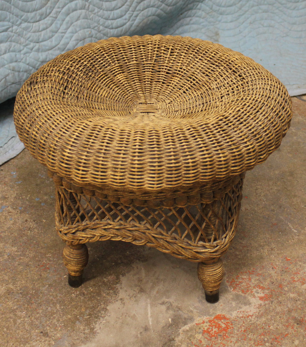 Antique Victorian Round Wicker Ottoman, Round Wicker Footstool