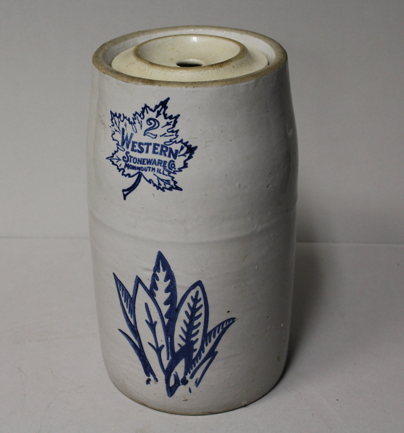 Bargain John's Antiques  3 Gallon Western Stoneware Crock Butter Churn  with Leaf Designs - Bargain John's Antiques