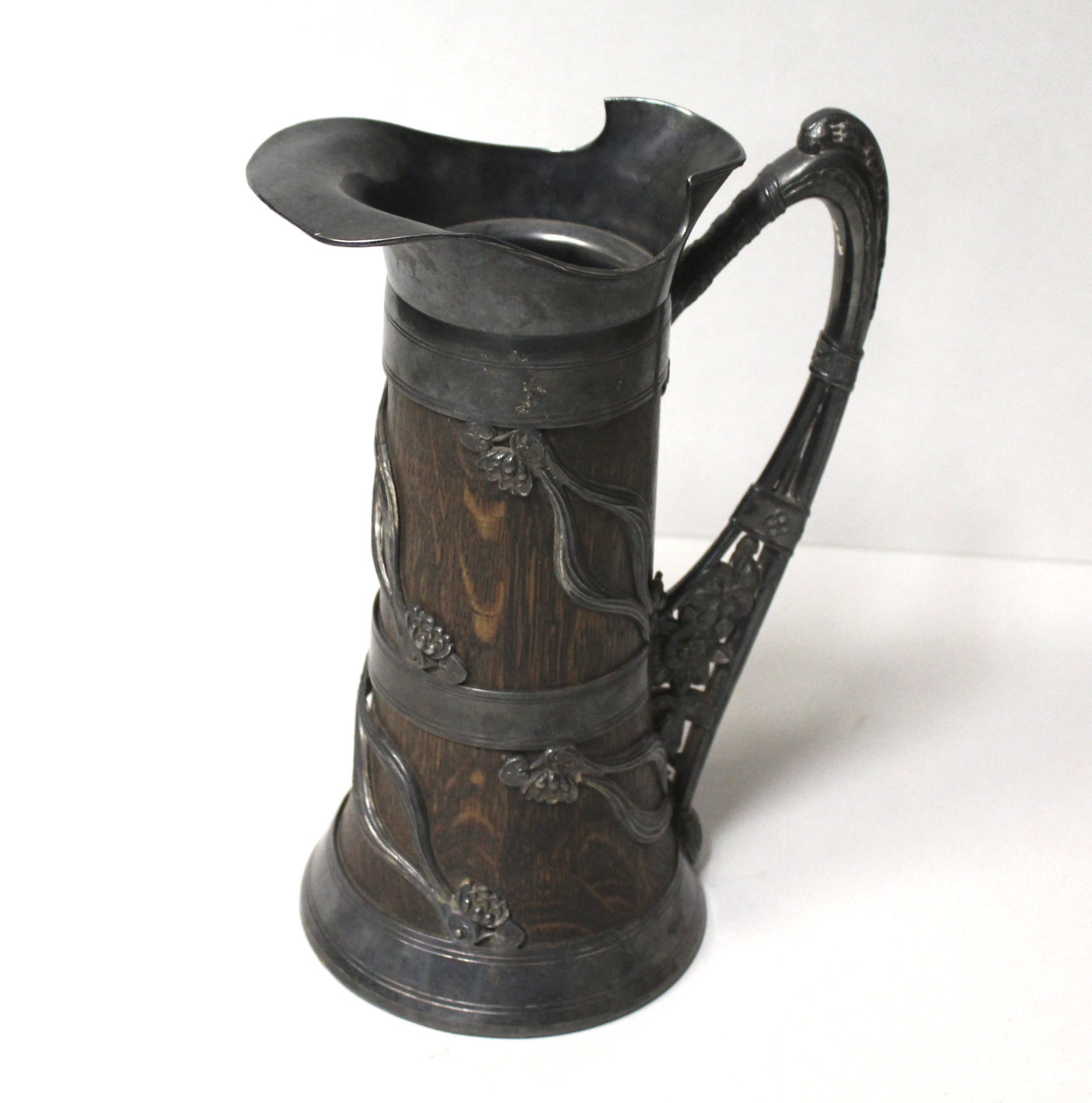 Bargain John's Antiques  Antique Treenware Pitcher - Quarter Sawn Oak  Pitcher with Silver Overlay - St Louis Silver - Bargain John's Antiques