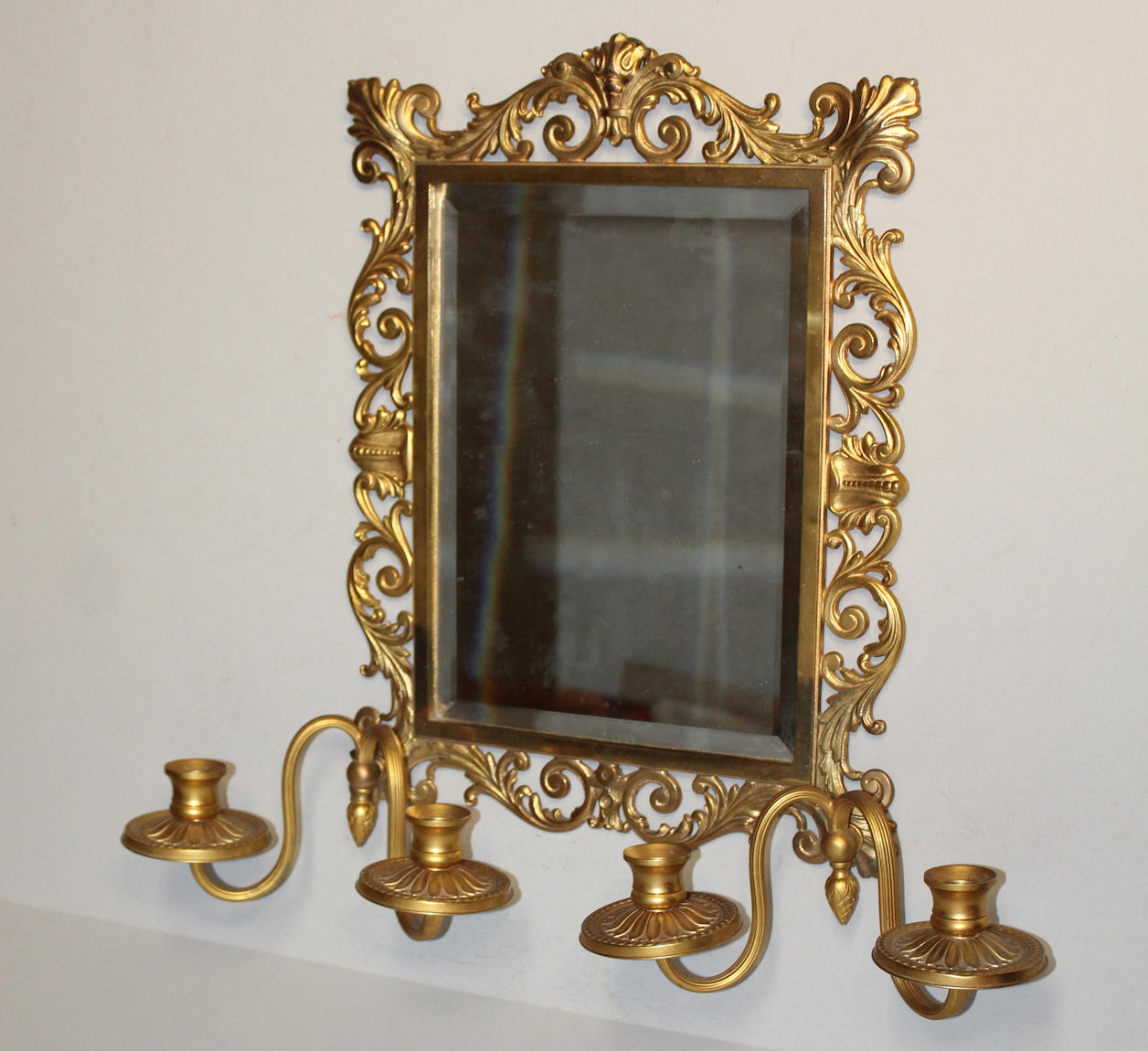 Bargain John's Antiques  Antique Victorian Cast Iron Brass Plated Mirror  with Candle Holders - Bradley and Hubbard - Measures 13 inches x 17 inches  - Bargain John's Antiques