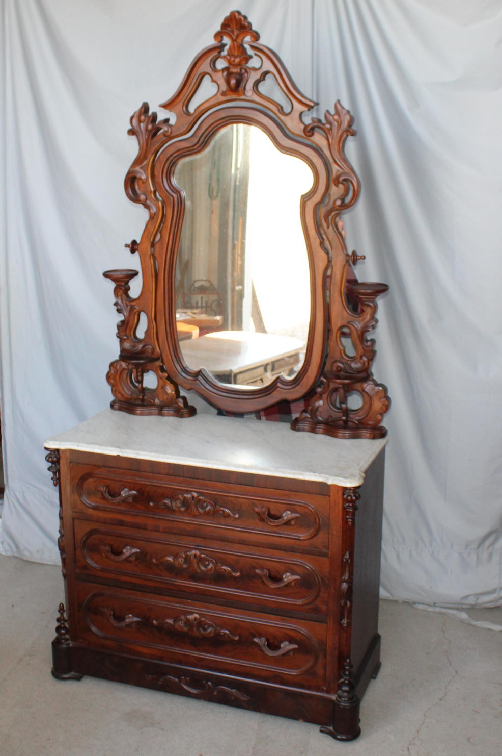 Antique Victorian Mahogany Marble Top Ornate Dresser with Fancy Mirror