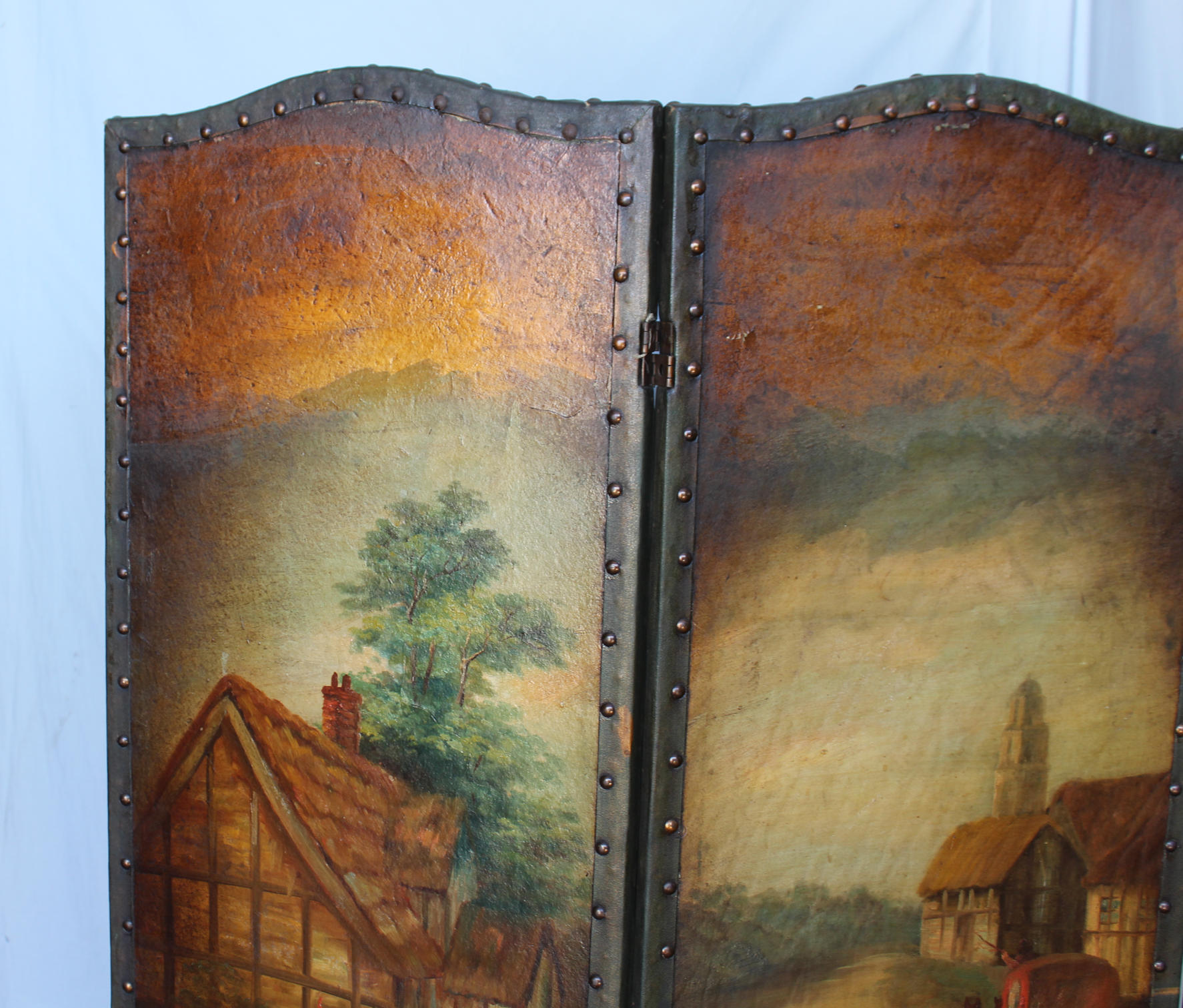 Bargain John's Antiques | Antique Three Panel Folding Dressing Screen with  Oil Painted Cottage Scene 68 inches height - Bargain John's Antiques